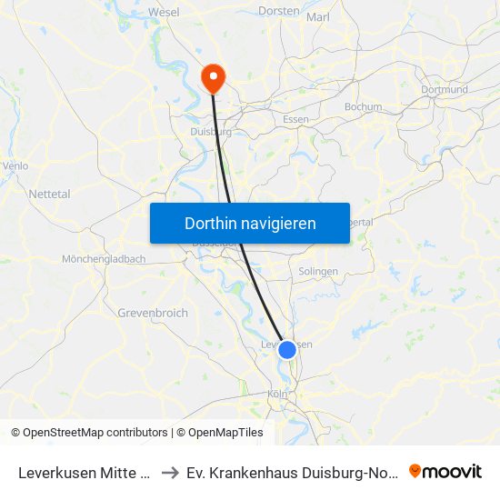 Leverkusen Mitte Bf to Ev. Krankenhaus Duisburg-Nord map