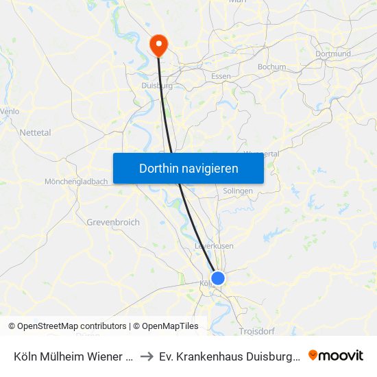 Köln Mülheim Wiener Platz to Ev. Krankenhaus Duisburg-Nord map