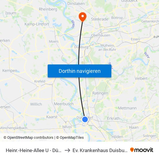 Heinr.-Heine-Allee U - Düsseldorf to Ev. Krankenhaus Duisburg-Nord map