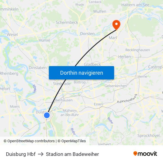 Duisburg Hbf to Stadion am Badeweiher map