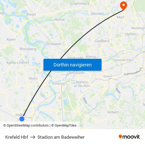 Krefeld Hbf to Stadion am Badeweiher map