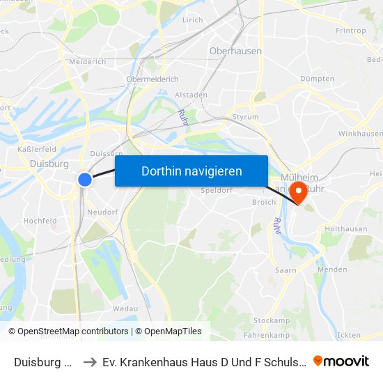 Duisburg Hbf to Ev. Krankenhaus Haus D Und F Schulstraße map