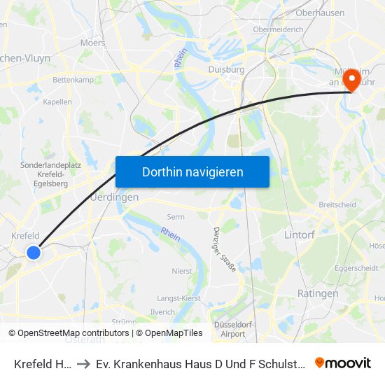 Krefeld Hbf to Ev. Krankenhaus Haus D Und F Schulstraße map