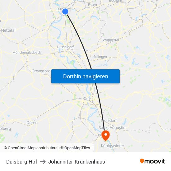 Duisburg Hbf to Johanniter-Krankenhaus map