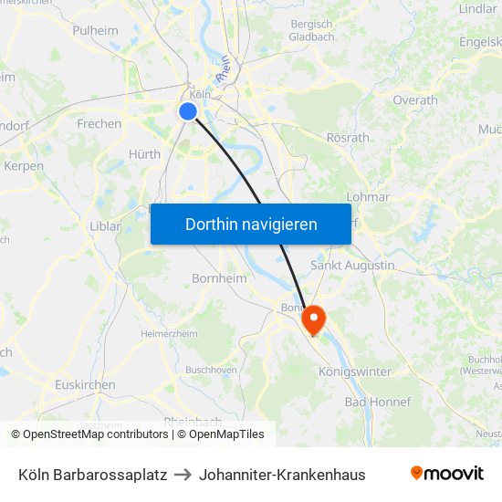 Köln Barbarossaplatz to Johanniter-Krankenhaus map