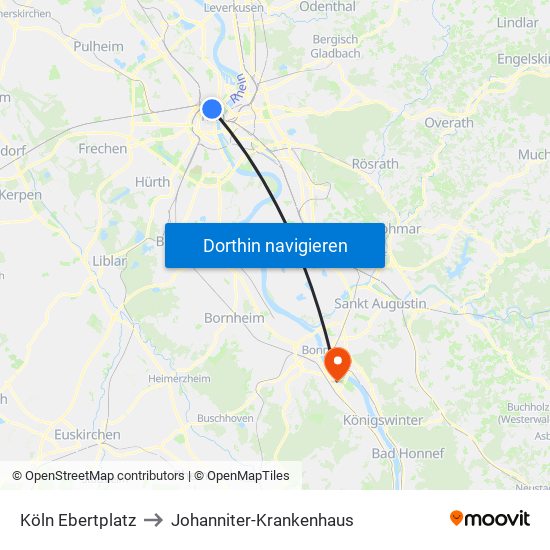 Köln Ebertplatz to Johanniter-Krankenhaus map