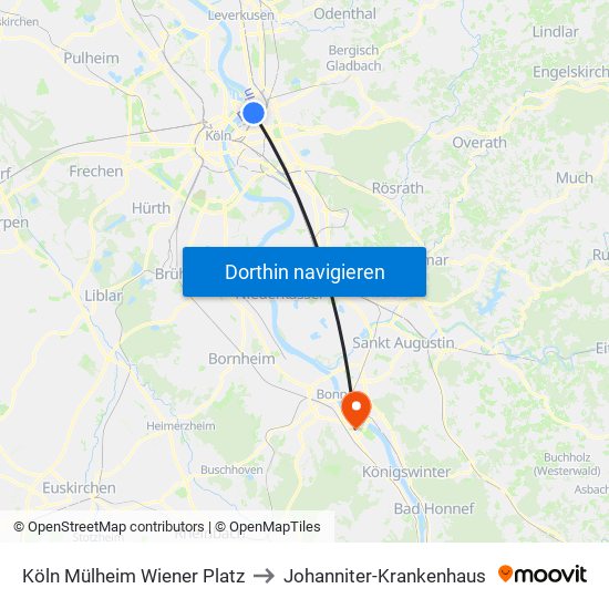 Köln Mülheim Wiener Platz to Johanniter-Krankenhaus map