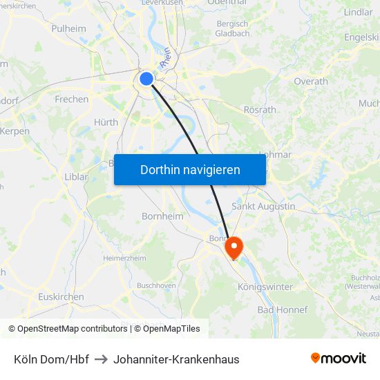 Köln Dom/Hbf to Johanniter-Krankenhaus map