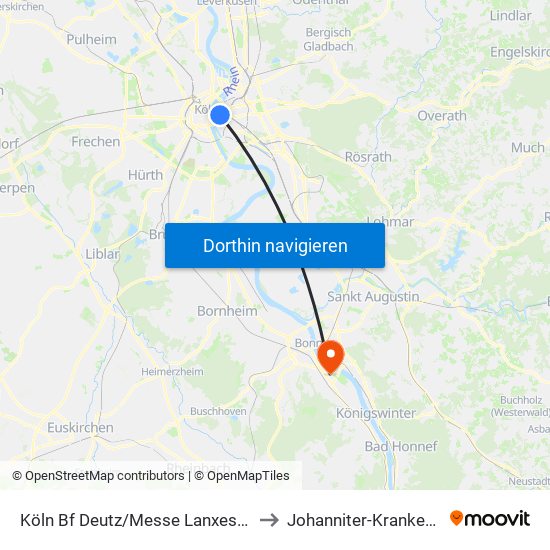 Köln Bf Deutz/Messe Lanxess Arena to Johanniter-Krankenhaus map