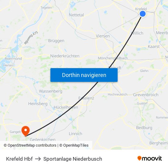 Krefeld Hbf to Sportanlage Niederbusch map