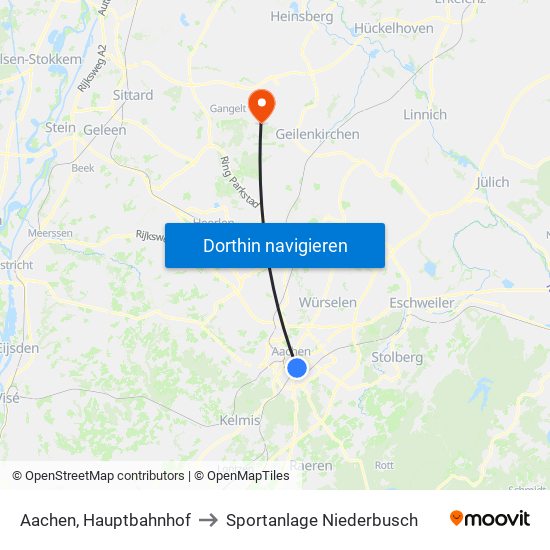 Aachen, Hauptbahnhof to Sportanlage Niederbusch map