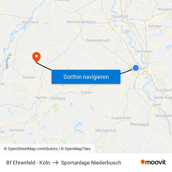 Bf Ehrenfeld - Köln to Sportanlage Niederbusch map