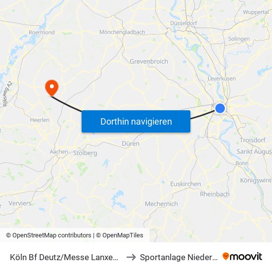 Köln Bf Deutz/Messe Lanxess Arena to Sportanlage Niederbusch map