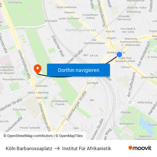 Köln Barbarossaplatz to Institut Für Afrikanistik map
