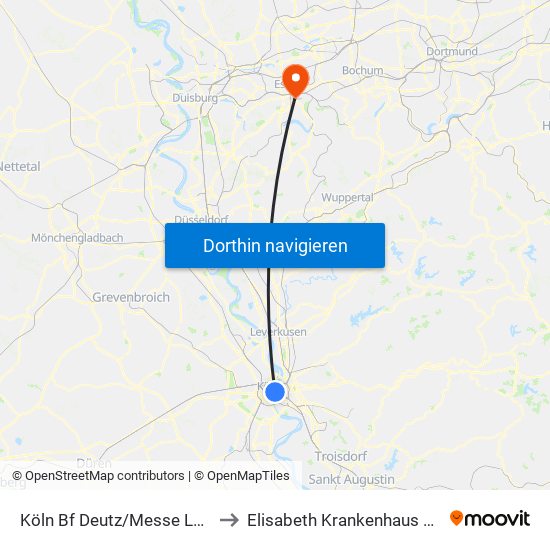 Köln Bf Deutz/Messe Lanxess Arena to Elisabeth Krankenhaus Notaufnahme map
