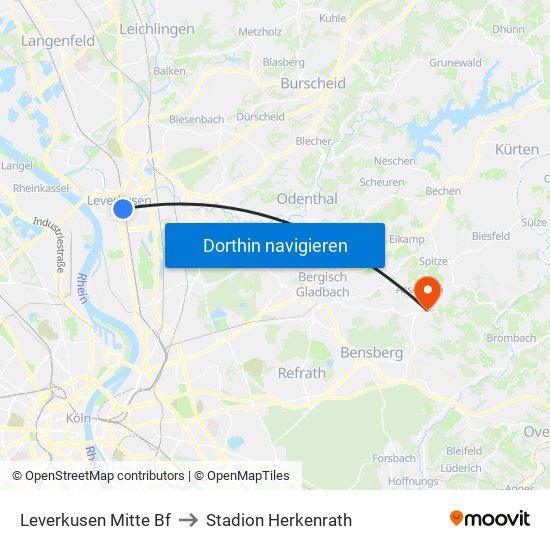 Leverkusen Mitte Bf to Stadion Herkenrath map