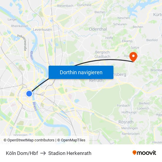 Köln Dom/Hbf to Stadion Herkenrath map