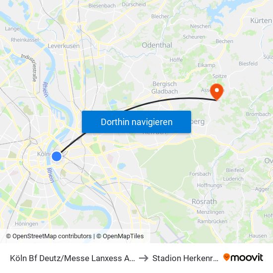 Köln Bf Deutz/Messe Lanxess Arena to Stadion Herkenrath map