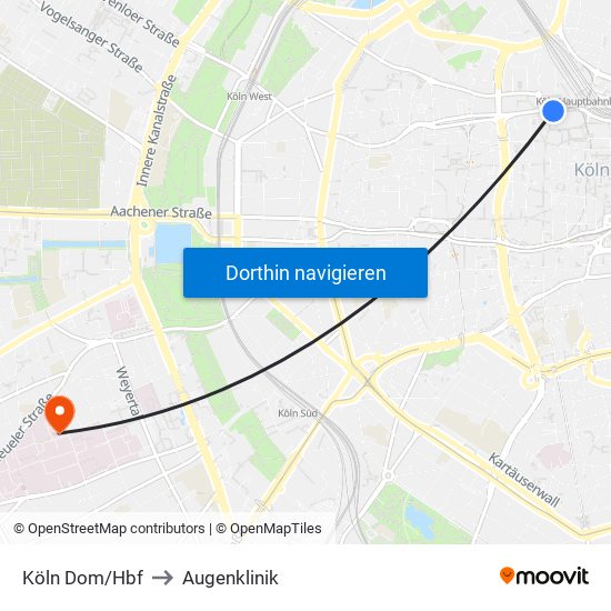 Köln Dom/Hbf to Augenklinik map