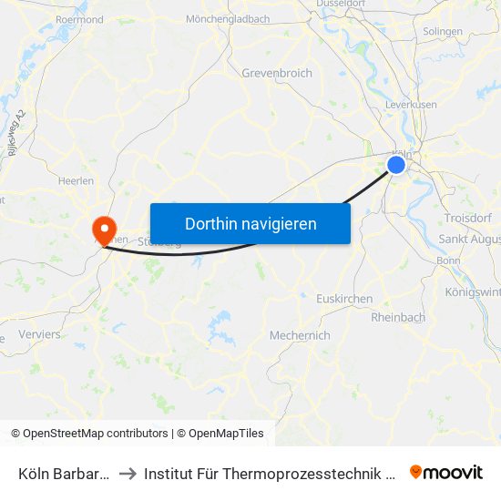 Köln Barbarossaplatz to Institut Für Thermoprozesstechnik Gmbh An Der Fh Aachen map