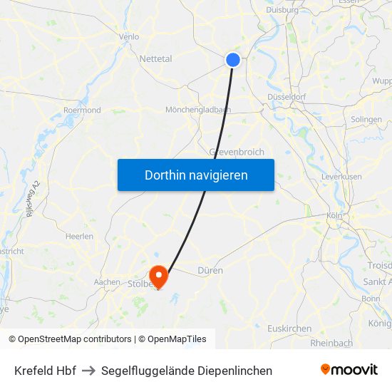 Krefeld Hbf to Segelfluggelände Diepenlinchen map