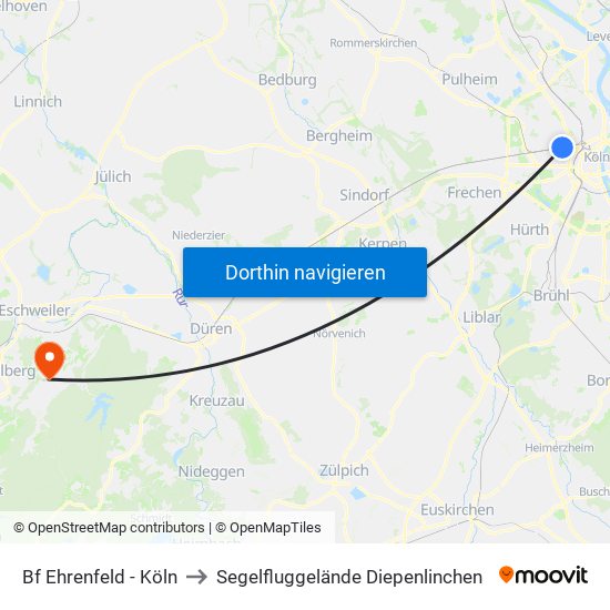 Bf Ehrenfeld - Köln to Segelfluggelände Diepenlinchen map