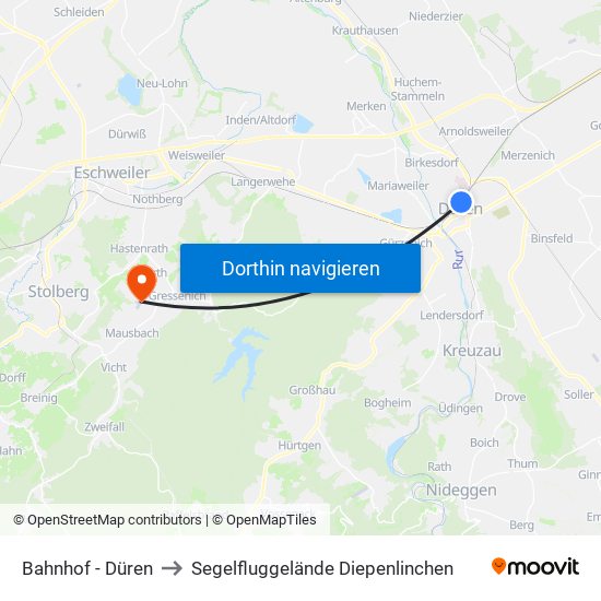 Bahnhof - Düren to Segelfluggelände Diepenlinchen map