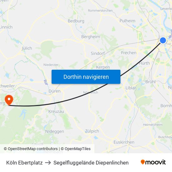 Köln Ebertplatz to Segelfluggelände Diepenlinchen map