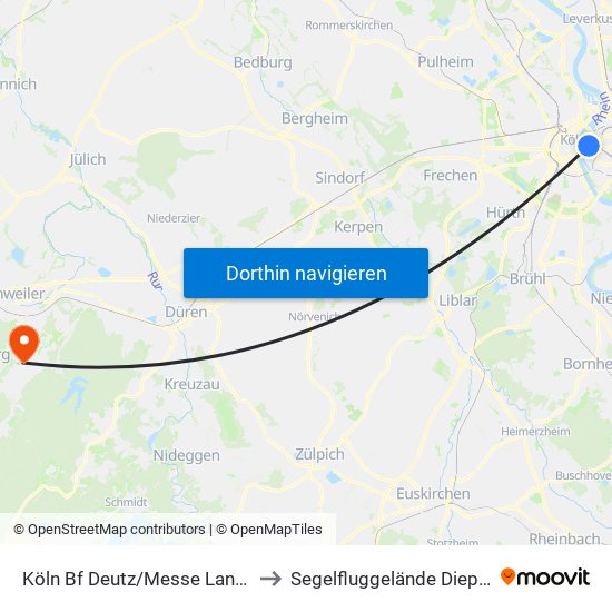 Köln Bf Deutz/Messe Lanxess Arena to Segelfluggelände Diepenlinchen map