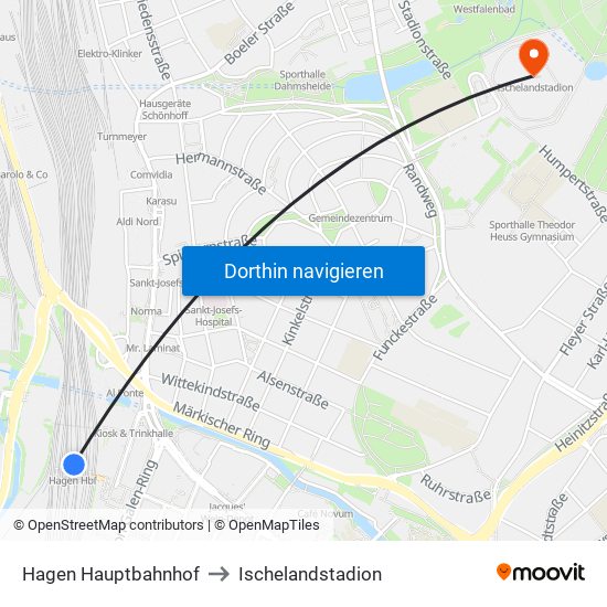 Hagen Hauptbahnhof to Ischelandstadion map