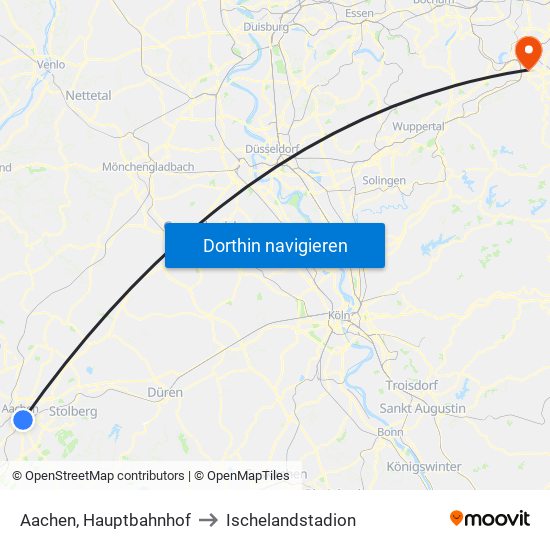 Aachen, Hauptbahnhof to Ischelandstadion map