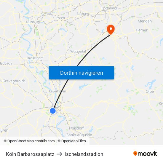 Köln Barbarossaplatz to Ischelandstadion map