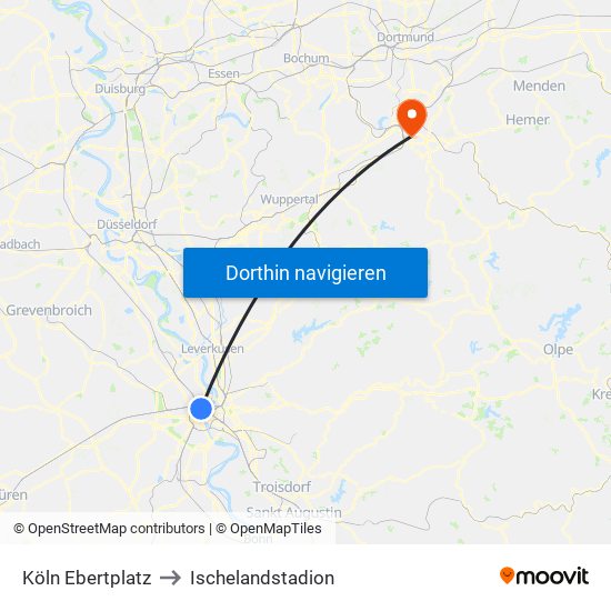 Köln Ebertplatz to Ischelandstadion map
