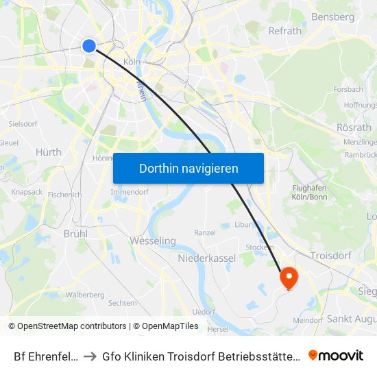 Bf Ehrenfeld - Köln to Gfo Kliniken Troisdorf Betriebsstätte St. Johannes Sieglar map