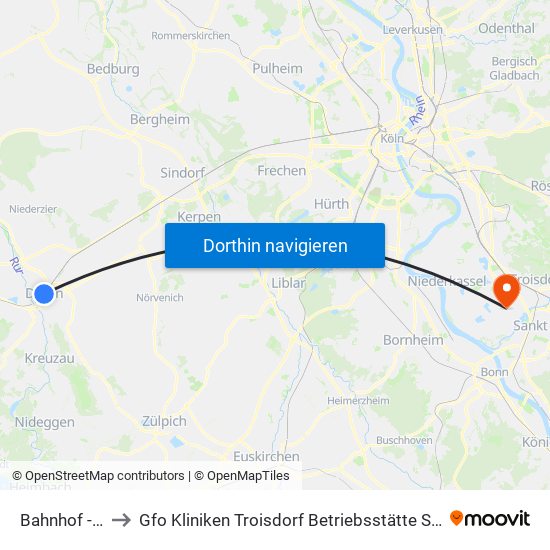 Bahnhof - Düren to Gfo Kliniken Troisdorf Betriebsstätte St. Johannes Sieglar map