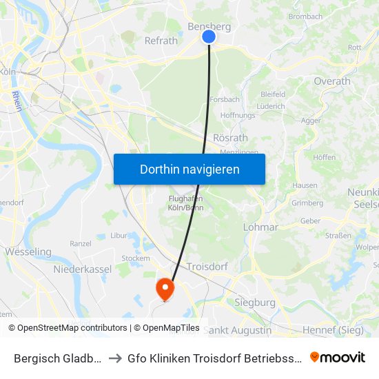 Bergisch Gladbach Bensberg to Gfo Kliniken Troisdorf Betriebsstätte St. Johannes Sieglar map