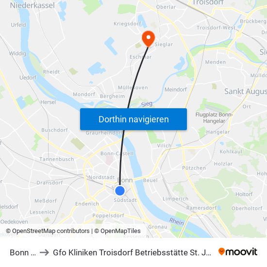 Bonn Hbf to Gfo Kliniken Troisdorf Betriebsstätte St. Johannes Sieglar map