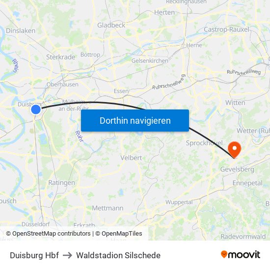 Duisburg Hbf to Waldstadion Silschede map