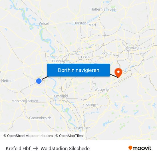 Krefeld Hbf to Waldstadion Silschede map