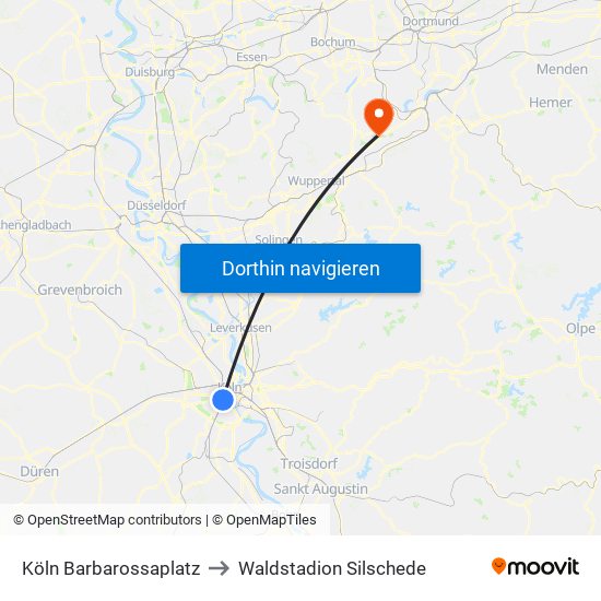 Köln Barbarossaplatz to Waldstadion Silschede map