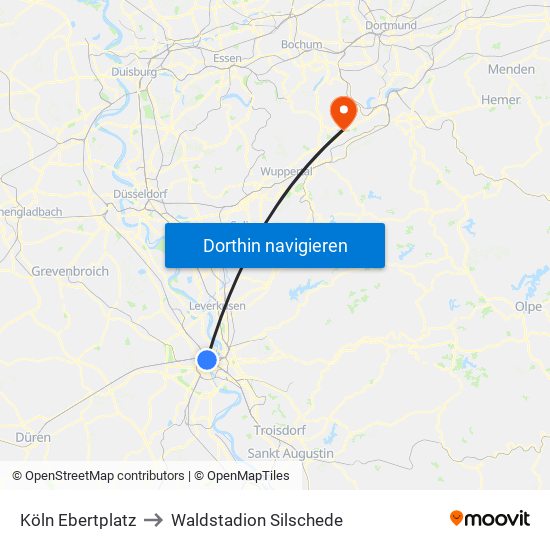 Köln Ebertplatz to Waldstadion Silschede map