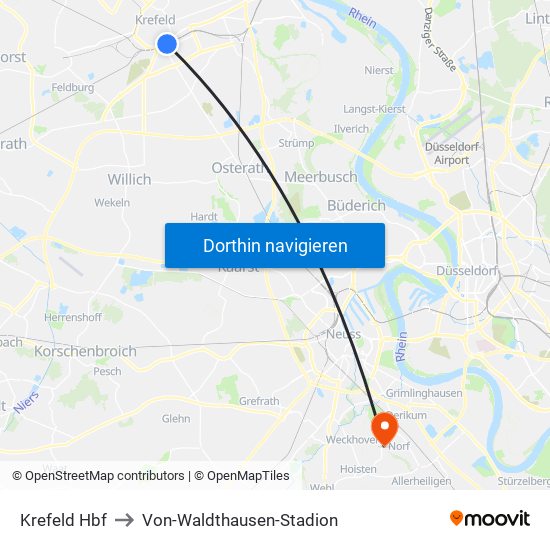 Krefeld Hbf to Von-Waldthausen-Stadion map