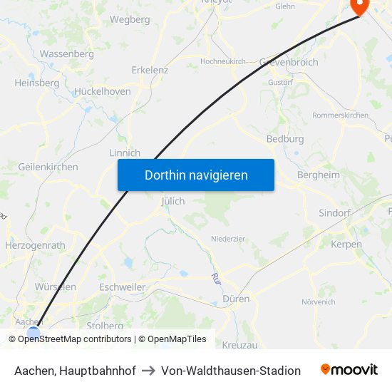 Aachen, Hauptbahnhof to Von-Waldthausen-Stadion map