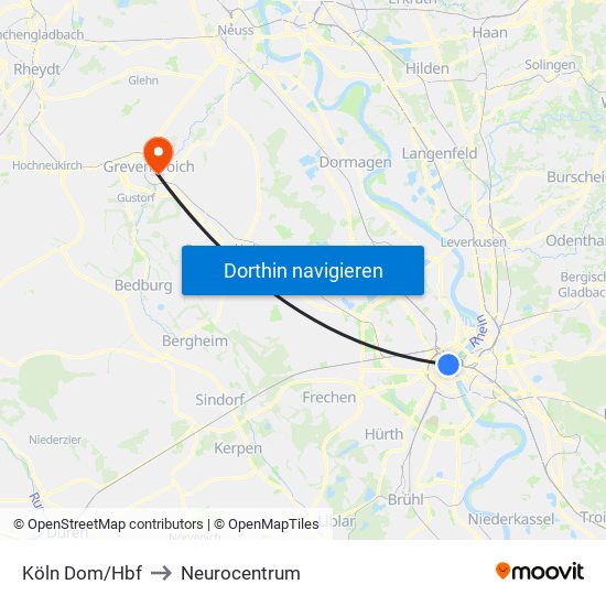 Köln Dom/Hbf to Neurocentrum map