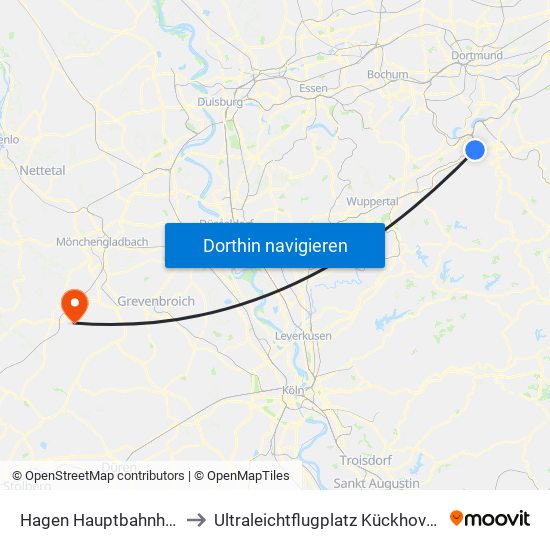 Hagen Hauptbahnhof to Ultraleichtflugplatz Kückhoven map
