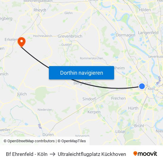Bf Ehrenfeld - Köln to Ultraleichtflugplatz Kückhoven map