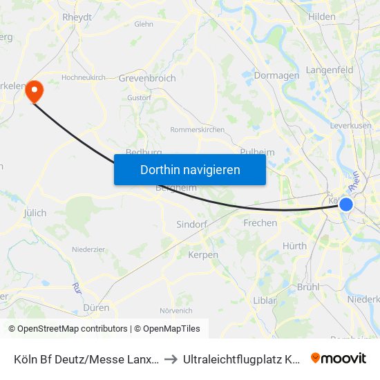 Köln Bf Deutz/Messe Lanxess Arena to Ultraleichtflugplatz Kückhoven map