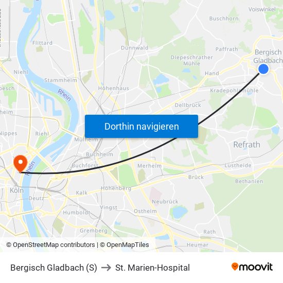 Bergisch Gladbach (S) to St. Marien-Hospital map
