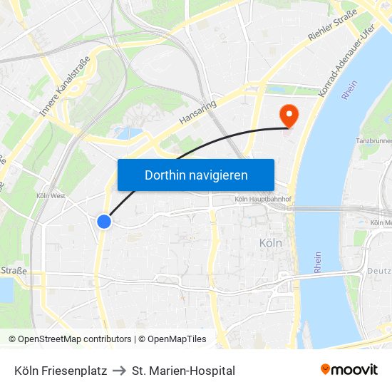 Köln Friesenplatz to St. Marien-Hospital map