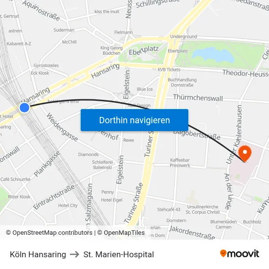 Köln Hansaring to St. Marien-Hospital map